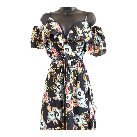 Loft Cold shoulder wrap style v-neck belted dark floral maxi dress size small - Picture 6 of 15